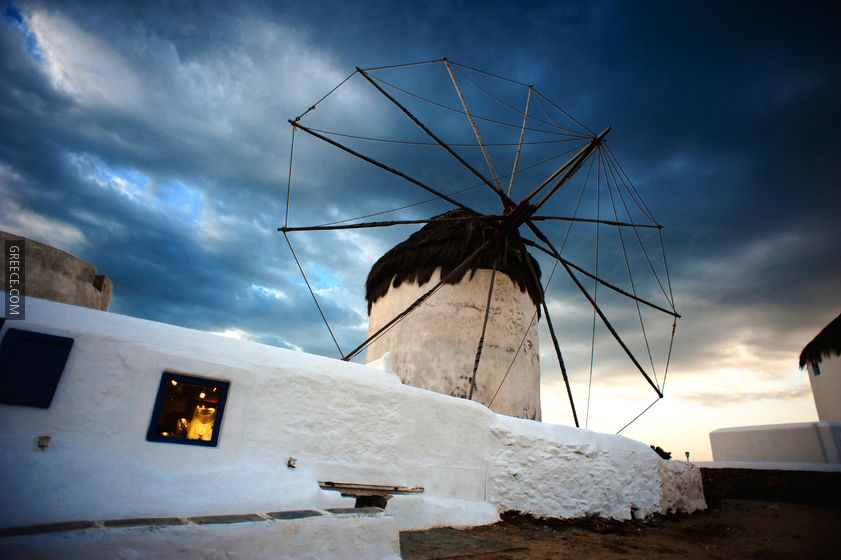 Against Greek skies, one of the Mykonos Island Windmills, Chora Cyclades, Agean Sea, Greece