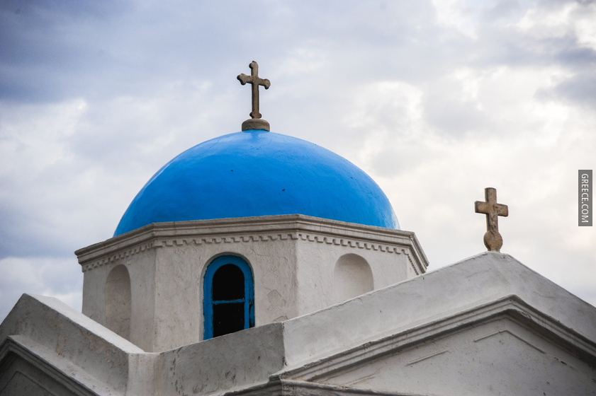 Agios Nikolaos blue domed church, the Town of Chora near Little Venice district Mykonos island, Cyclades, Agean Sea, Greece