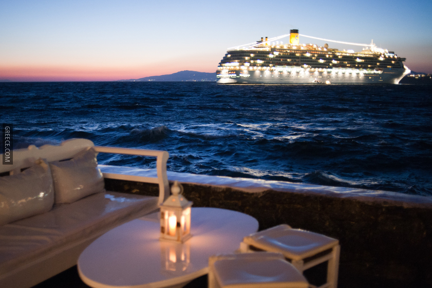 Cruise ship in the coast waters of Mykonos island Cyclades, Agean Sea, Greece2
