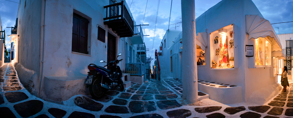 Streets of the Town of Chora (panoramic view) Mykonos island, Cyclades, Agean Sea, Greece