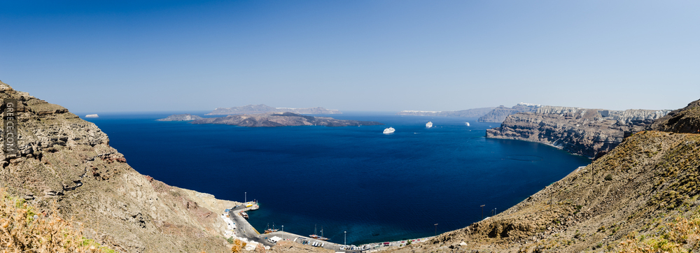 Santorini panoramic from the crater rim above Athinios port  02